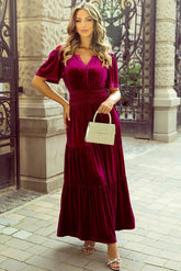 Tiered Notched Short Sleeve Dress with Pockets OutfitFlow
